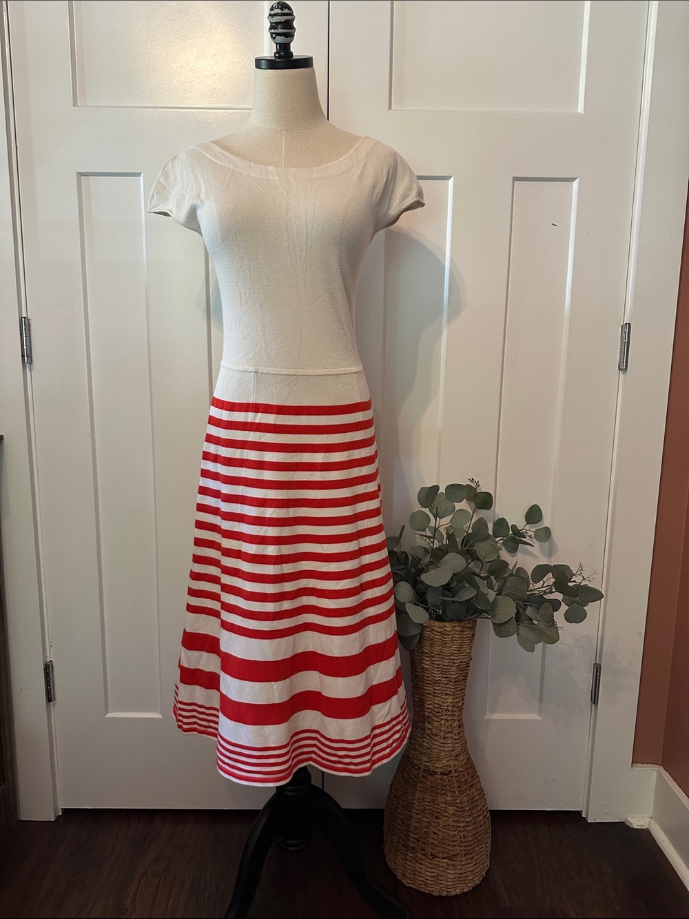 Boden Harriet Cream Orange Red Stripe A-Line Knit 6 cap sleeve scoop neck Dress - Picture 2 of 12
